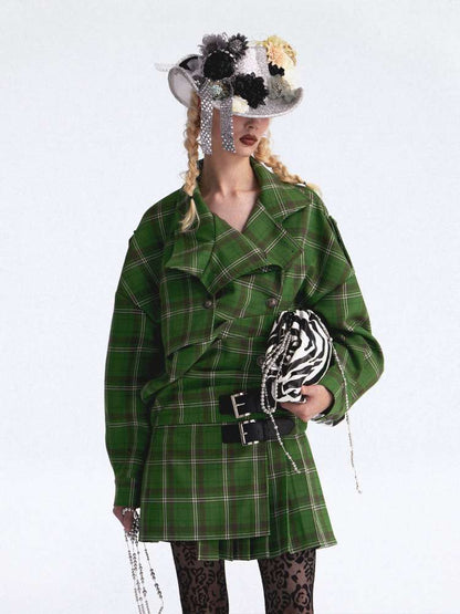 Asymmetrical Pleated Check Coat【s0000015390】