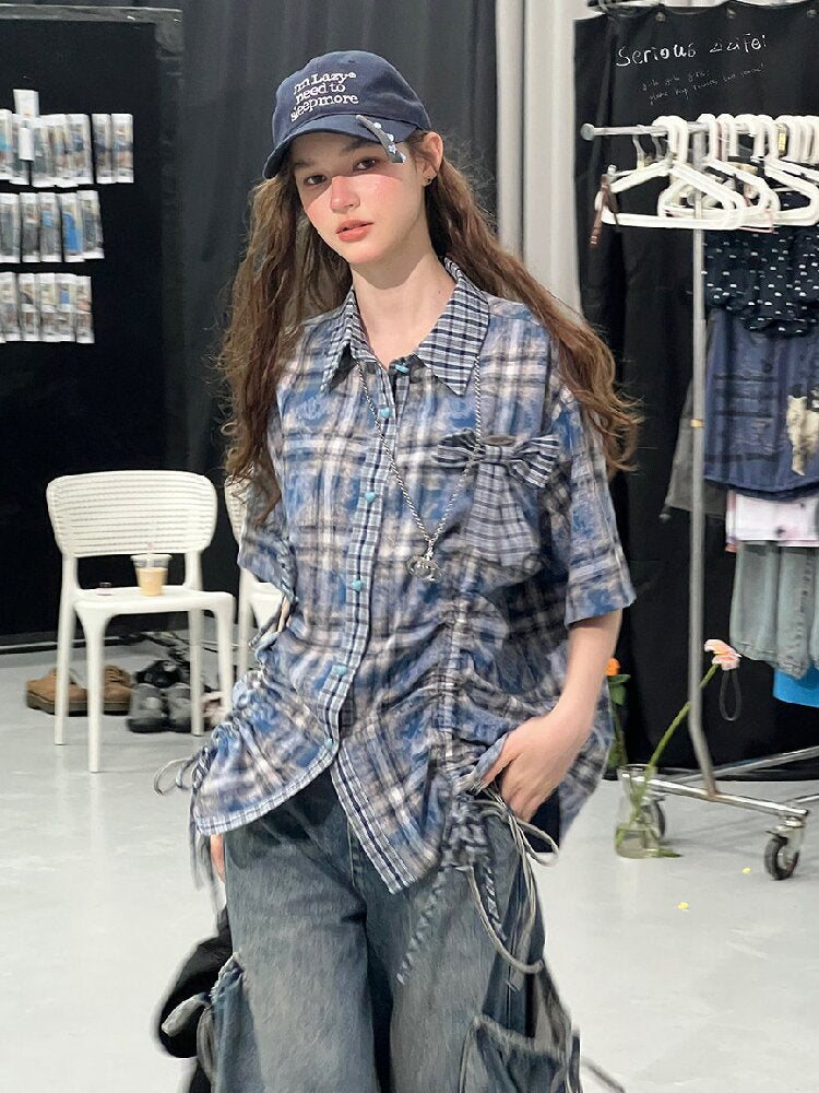 Blue Plaid Bow Preppy Style Shirt【s0000017308】