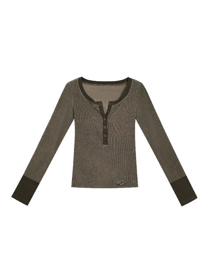 Henley Collar Knit T-Shirt【s0000011850】