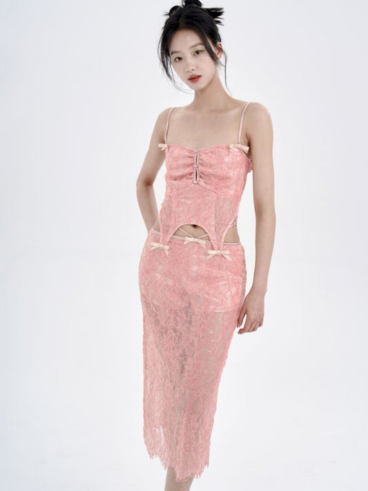 Peach Lace Camisole + Low Waist Lace Half Skirt Set【s0000008775】