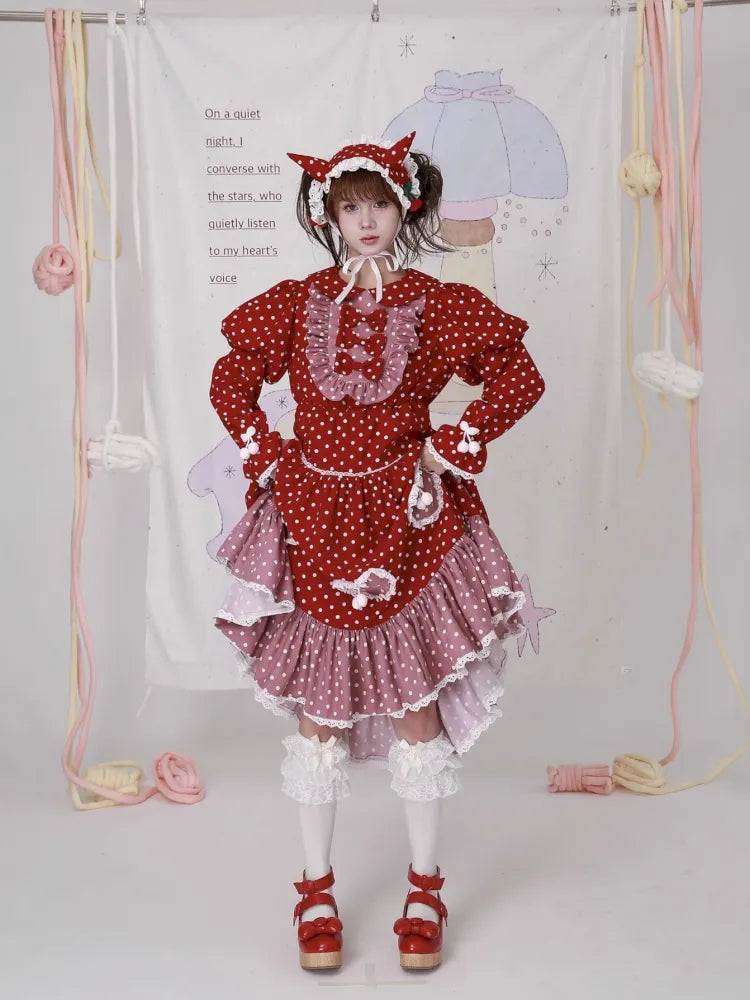 Lolita old-fashioned red polka dot niche dress【s0000014109】
