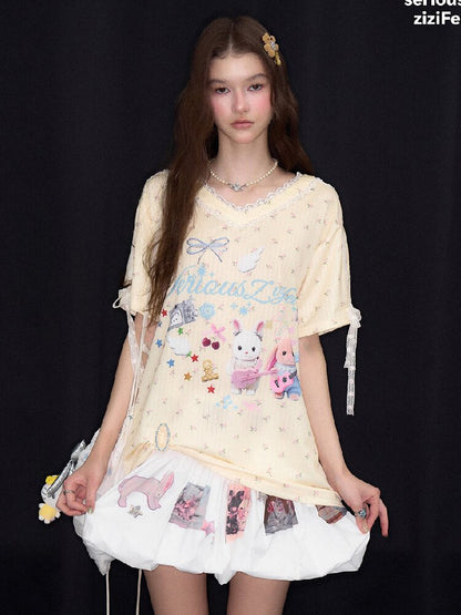 Childlike Cartoon Lace Floral T Shirt【s0000017156】