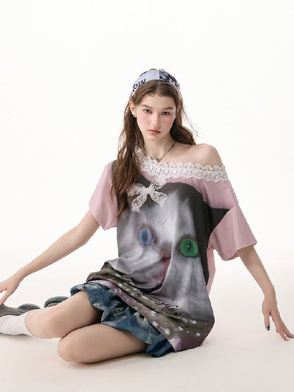 Lace Patchwork Cat Print Loose T【s0000017316】