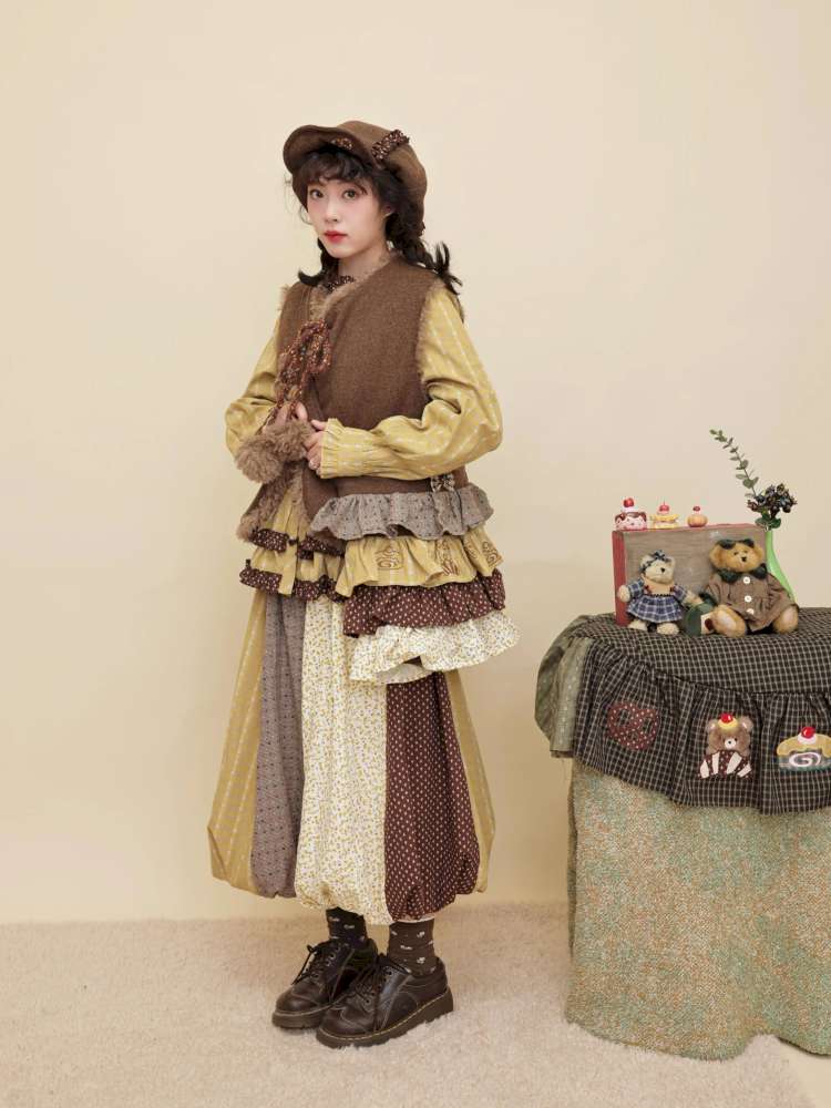 Vintage Girly Yellow Brown Flower Skirt【s0000014840】