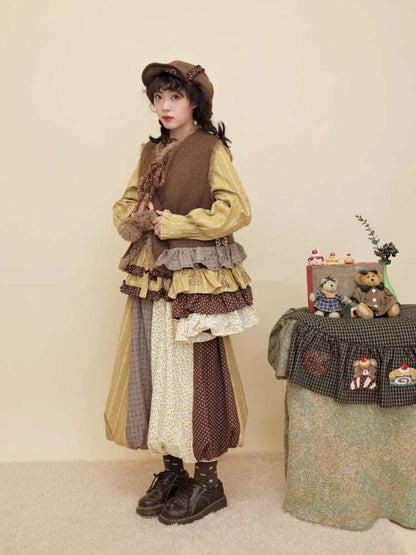 Vintage Girly Yellow Brown Flower Skirt【s0000014840】