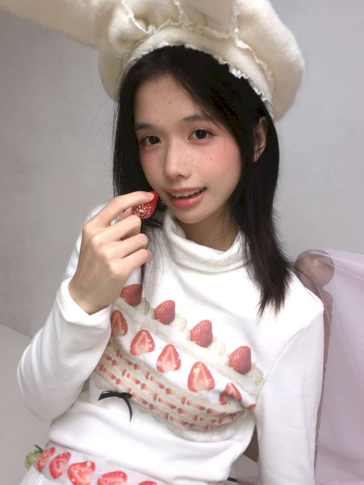 Strawberry Cake Print High-Neck T-Shirt【s0000014530】