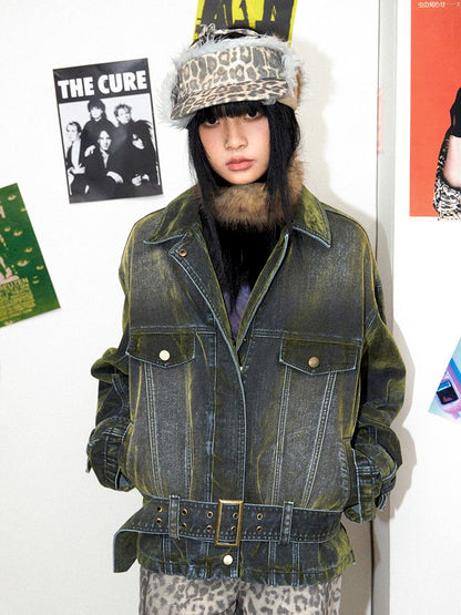 Loose Green Flocked Denim Jacket【s0000011638】