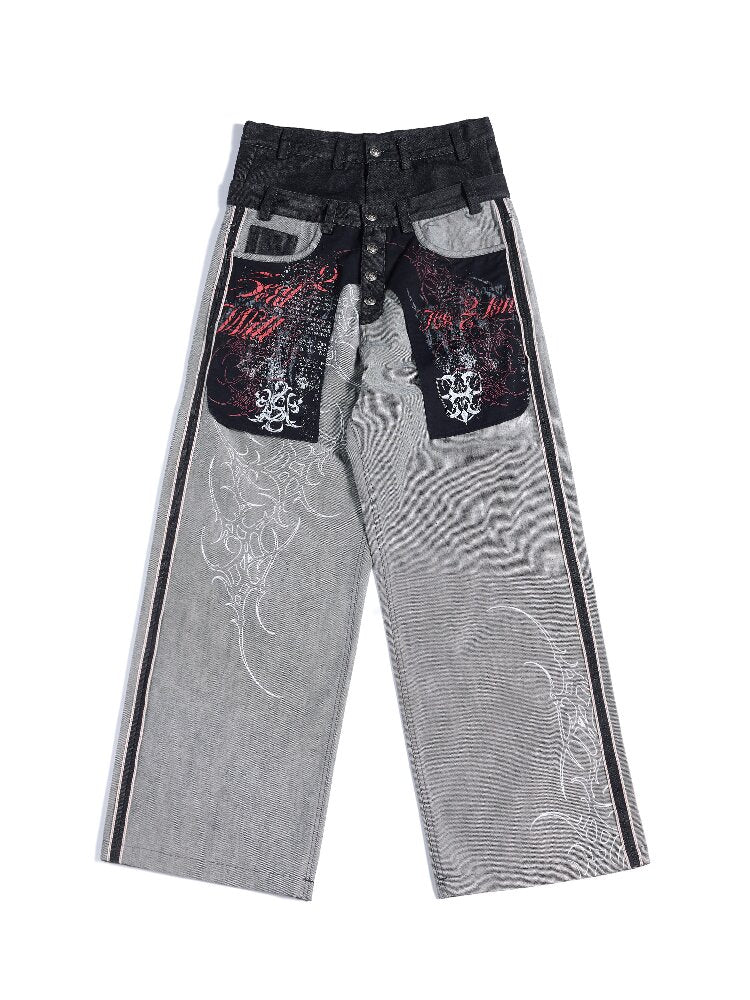 Bare-eared Pulping Double-waisted Jeans【s0000016959】