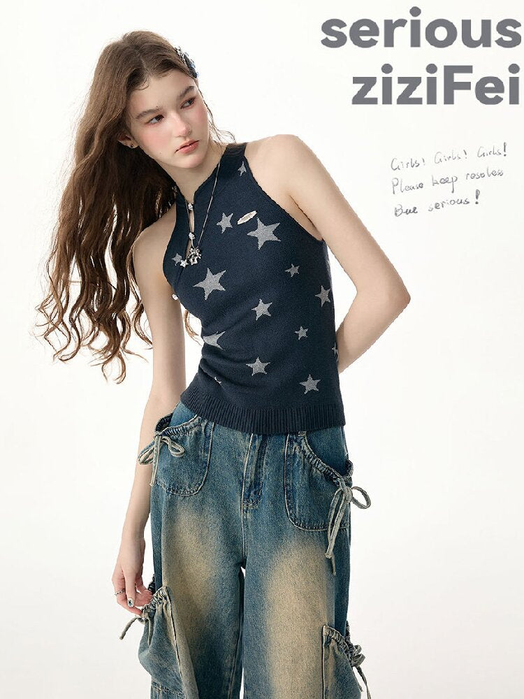 Summer Lazy Star Print Halter Knit Tank Top【s0000017254】