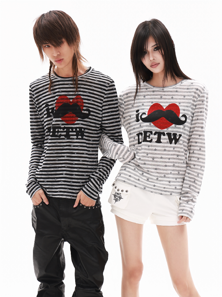 Striped Heart Rhinestone Long Shirt【s0000018319】