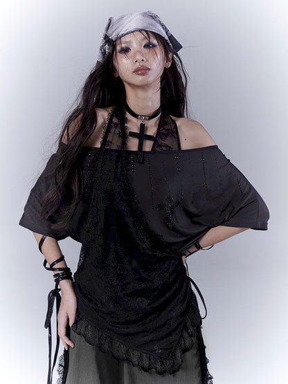 Lazy style rhinestone black T-shirt【s0000012844】