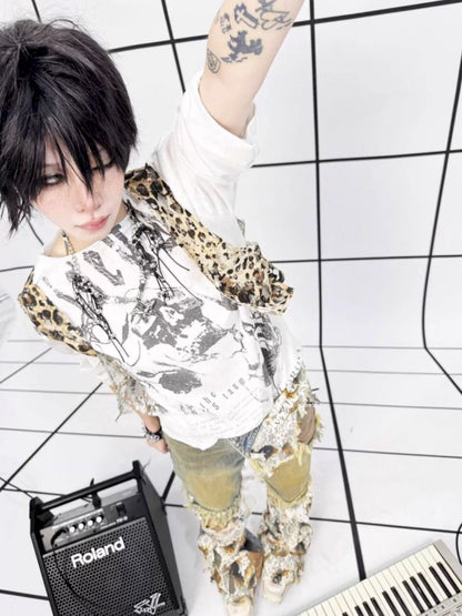 Raw Edge Aged Printed False Two Piece T-Shirt【s0000013714】