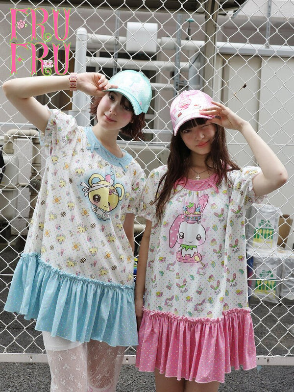 Printed Bear Bunny Fake Two Piece Dress【s0000017764】
