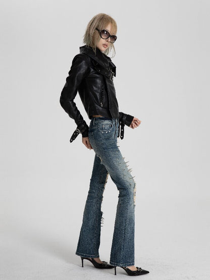 Spiked Snake Print Ripped Jeans【s0000018560】