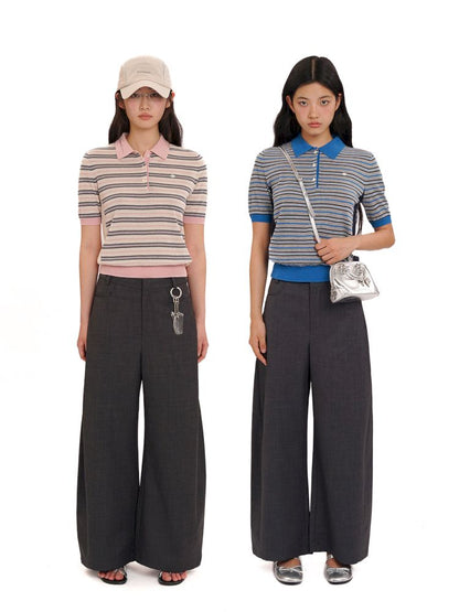 Stripes polo collar short sleeve knit tops【s0000013436】