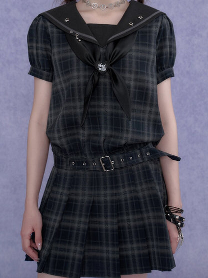 Street Academy Plaid Sailor Collar Dress【s0000017287】