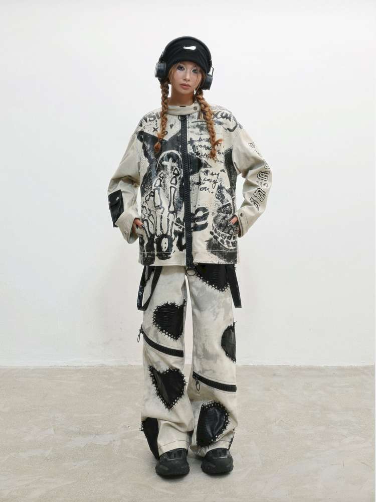 Old Printed Motorcycle Punk Thick Leather Jacket【s0000014829】