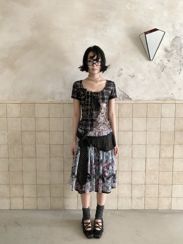 Patchwork Bow Cartoon Check T-Shirt【s0000018082】