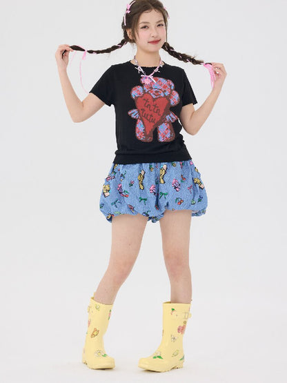 Denim Bear Printed Pumpkin Pants【s0000016706】