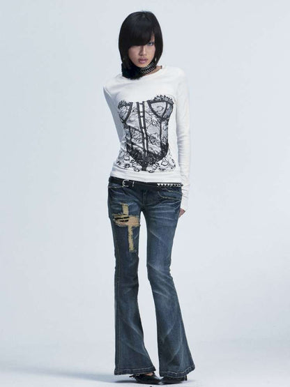 Slim Wash Distressed Bell Bottom【s0000014661】