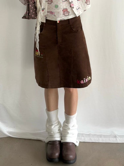 Brown Corduroy Embroidered Skirt【s0000019082】