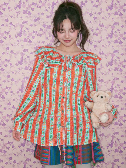 Red Green Stripe Lace Collar Shirt【s0000015368】