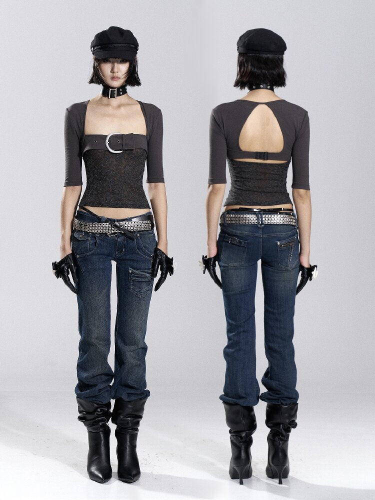 Patchwork Lace Leather Button Top【s0000018478】