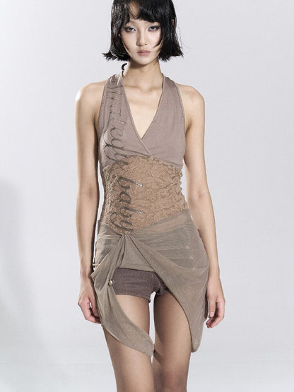 Mesh Silver Foil Printed Halter Top【s0000018485】