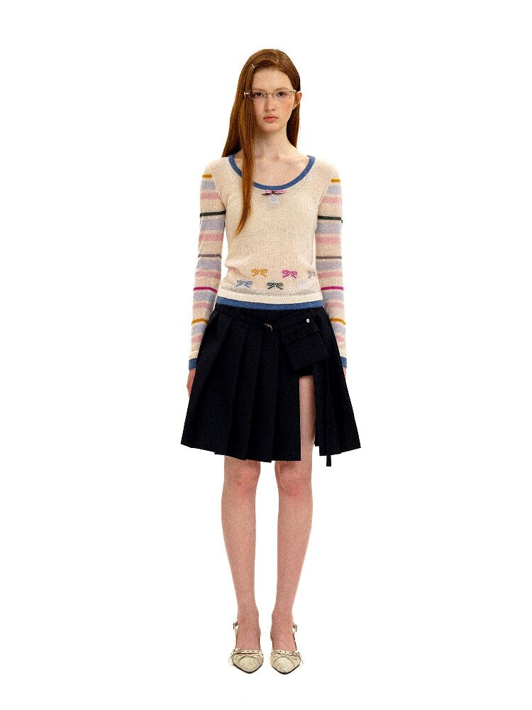 Contrast Striped Bow Knit Sweater【s0000016109】