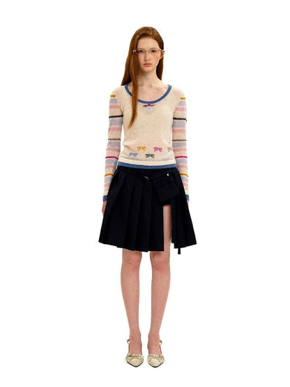 Contrast Striped Bow Knit Sweater【s0000016109】