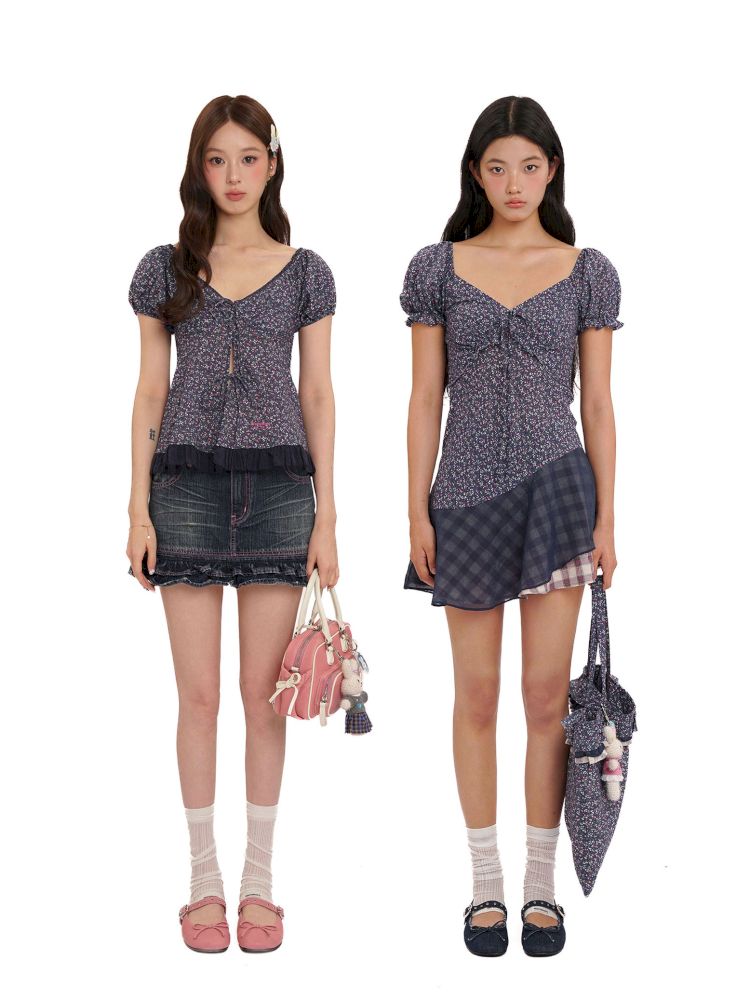 Plaid bubble sleeve top/dress【s0000013456】