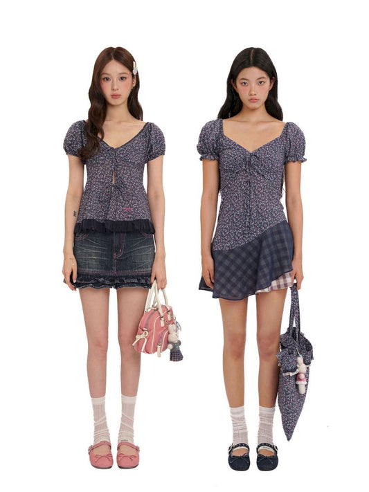 Plaid bubble sleeve top/dress【s0000013456】