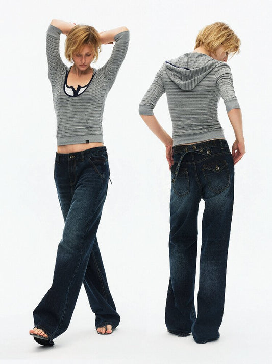 U-Neck Contrast Hooded Knit Top【s0000015918】