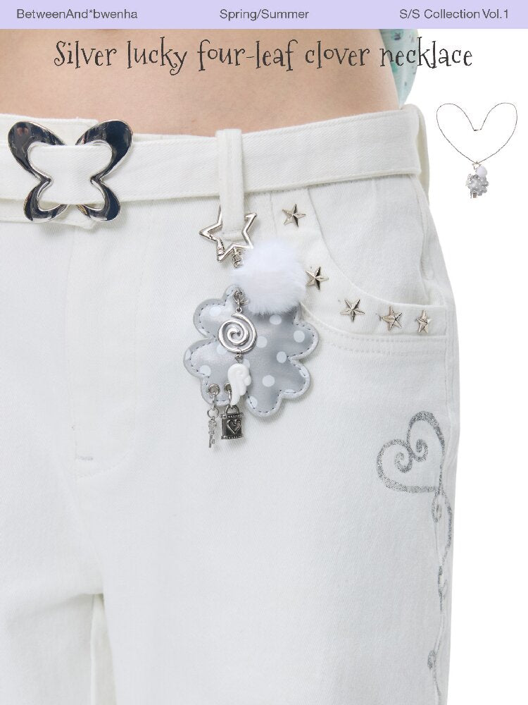 Leather Silver Clover Bag Necklace【s0000016374】
