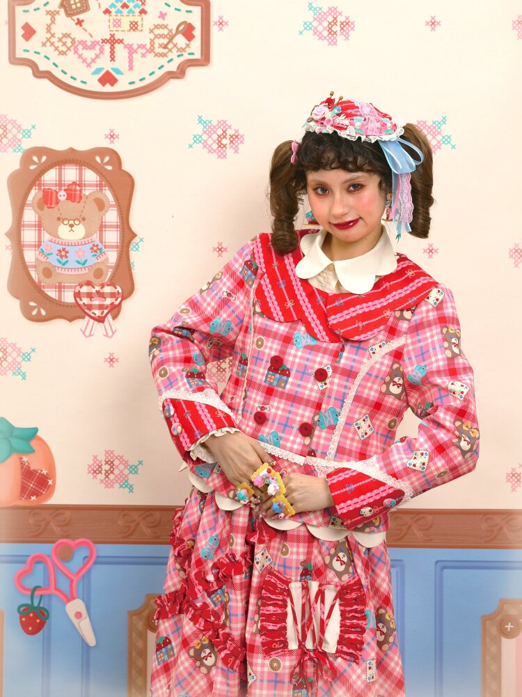 Red Pink Check Lace Skirt Blazer【s0000015574】
