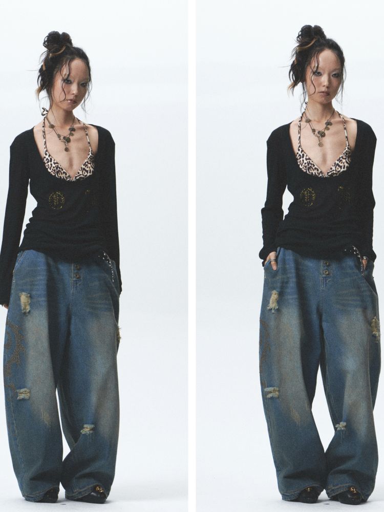 Distressed loose cuffed jeans【s0000012685】