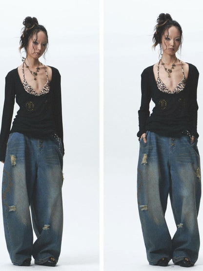 Distressed loose cuffed jeans【s0000012685】