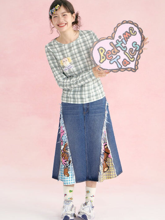 Denim Patchwork Tassel Frayed Plaid Skirt【s0000019253】