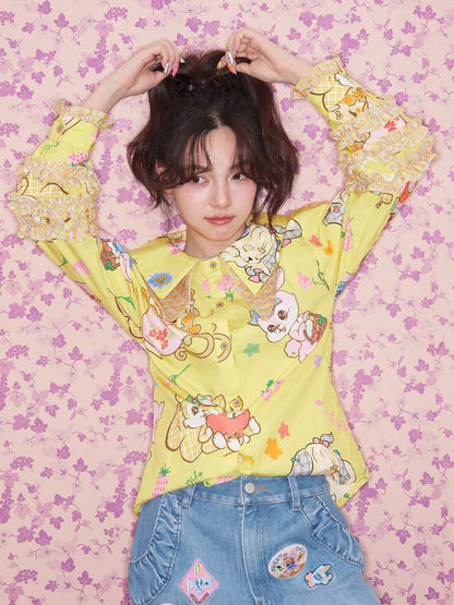 Yellow Ruffled Critter Print Shirt【s0000015032】
