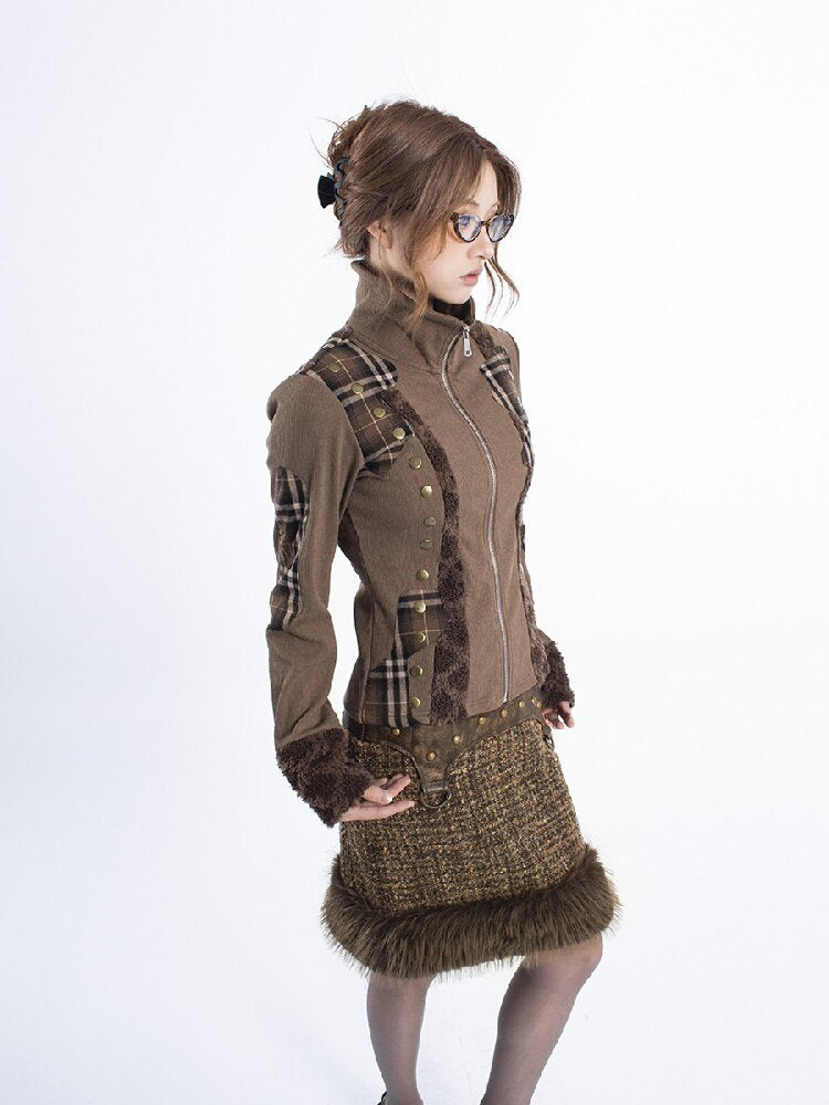 Patchwork PU Fur Rivet Skirt Set【s0000018047】