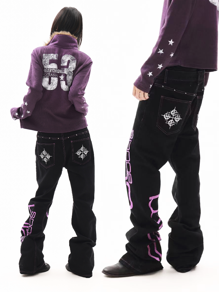 Black Cow Full Embroidery Scimitar Jeans【s0000018312】