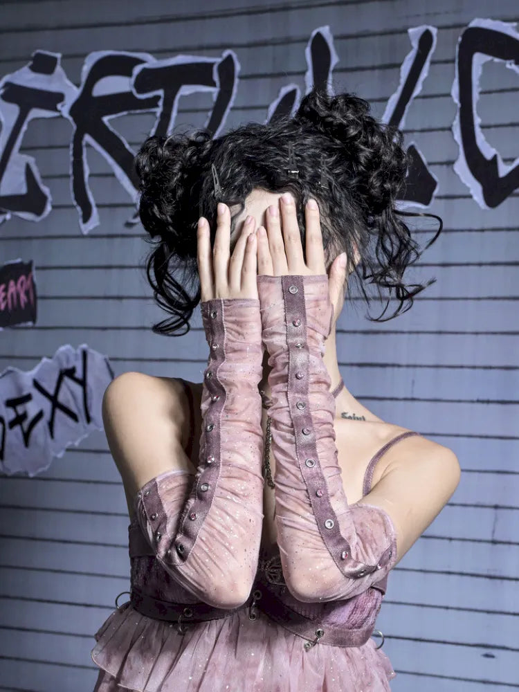 Mesh Nail Rhinestone Pleated Long Sleeve Sleeves【s0000014021】