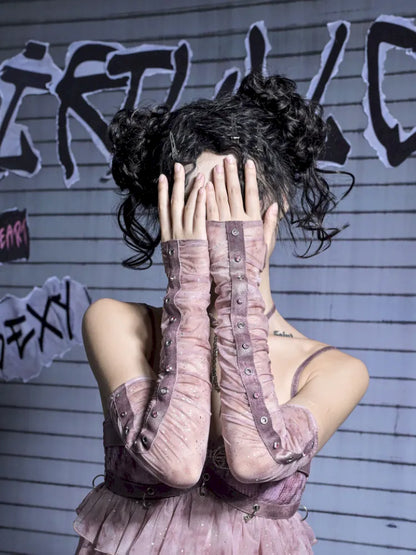 Mesh Nail Rhinestone Pleated Long Sleeve Sleeves【s0000014021】