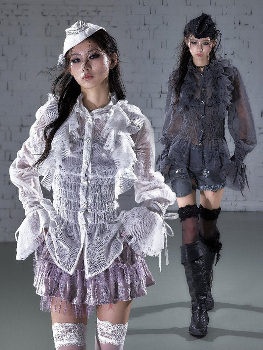 Ruffled Flocked Lace Stand Shirt【s0000016208】