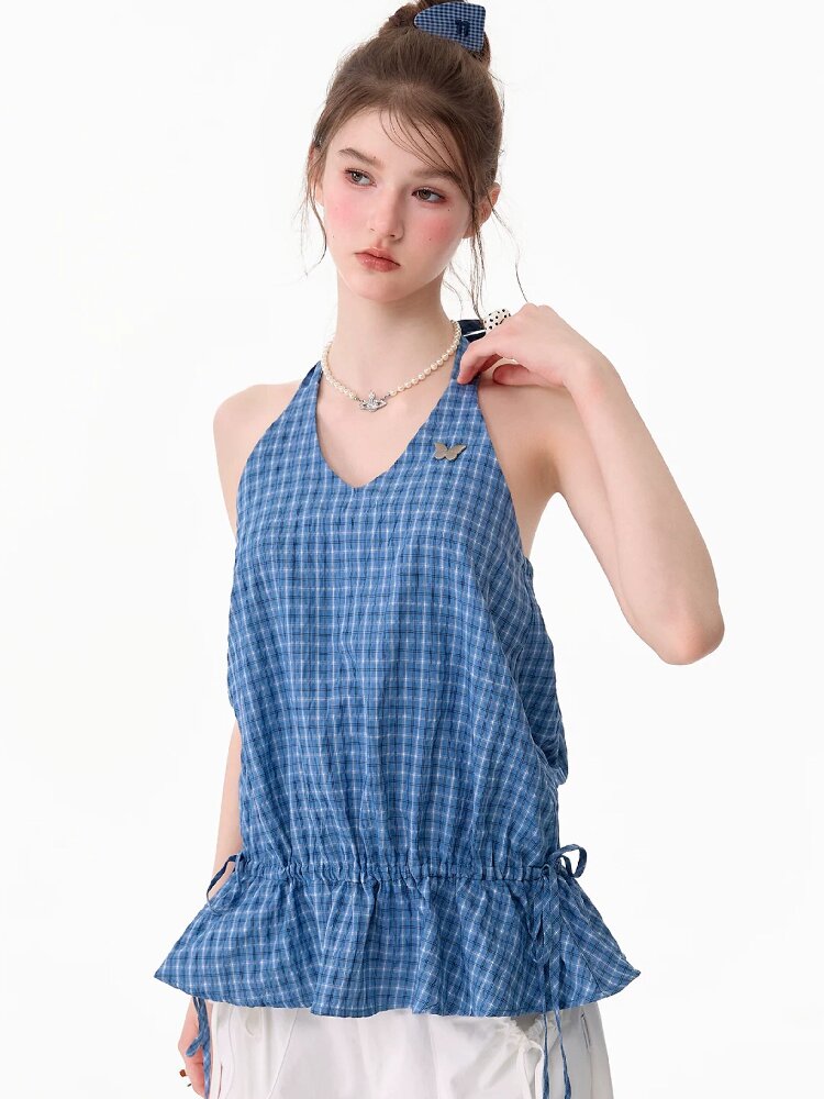 American Vintage Plaid Halter Top【s0000017751】