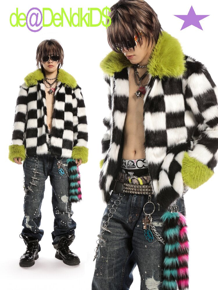 Checkerboard Patchwork Faux Coat【s0000019278】
