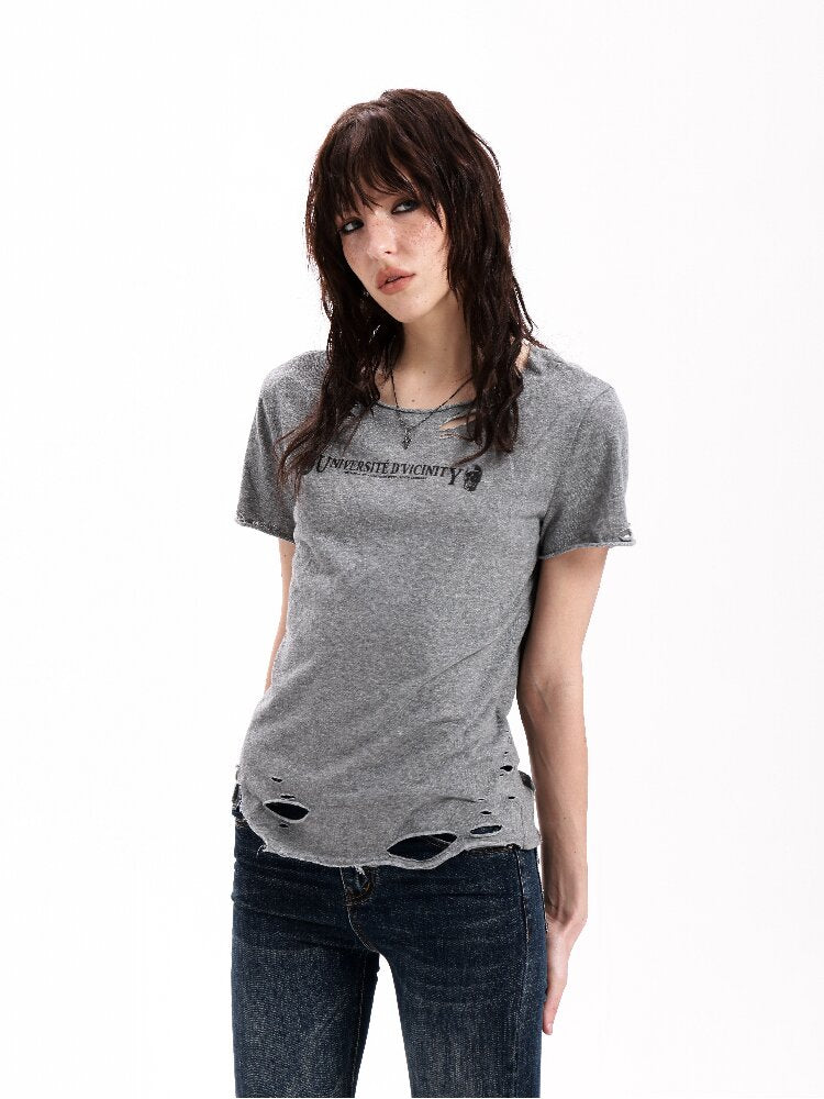 Vintage Faded Gray Damaged T-Shirt【s0000018295】
