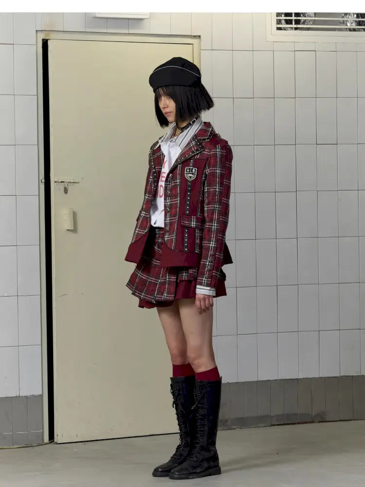 College Punk Badge Plaid Blazer【s0000014204】