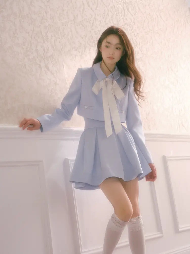 Tie-Front Short Jacket with High-Waisted Structured Pleated Puffy Skirt【s0000014341】