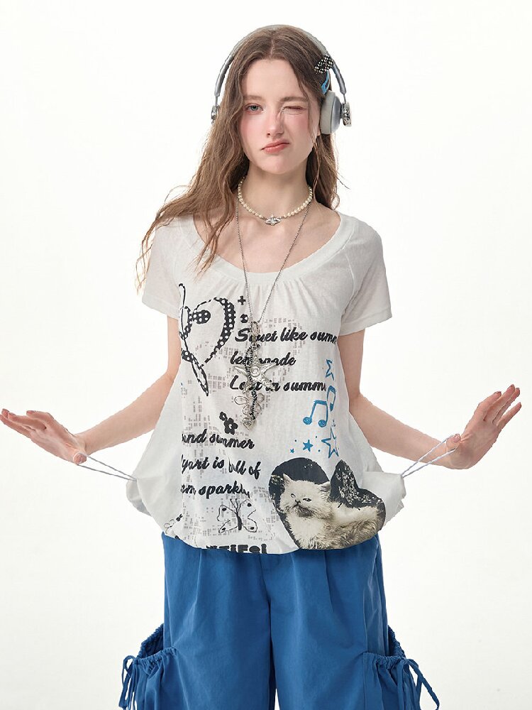 Summer Cat Print Short Sleeve T Shirt【s0000017255】